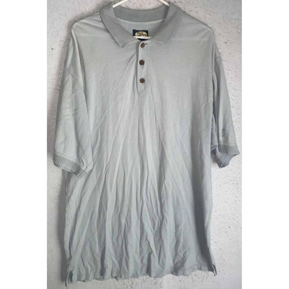 Mens sz L Tommy Bahama 100% Cotton Polo Shirt Gray Blue Short Sleeve 3 button